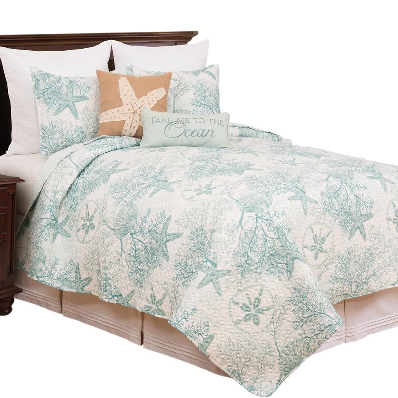 CF Home Ocean Treasures Blue Starfish Sand Dollar Twin Bed Quilt Set All Seasons Summer Seashell Coral Beach House Reversible Lightweight Coverlet Comforter Nautical Bedroom Bedding Decor Decoration - Image 1