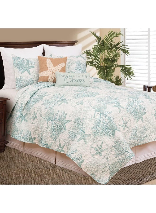 CF Home Ocean Treasures Blue Starfish Sand Dollar Twin Bed Quilt Set All Seasons Summer Seashell Coral Beach House Reversible Lightweight Coverlet Comforter Nautical Bedroom Bedding Decor Decoration - Image 4