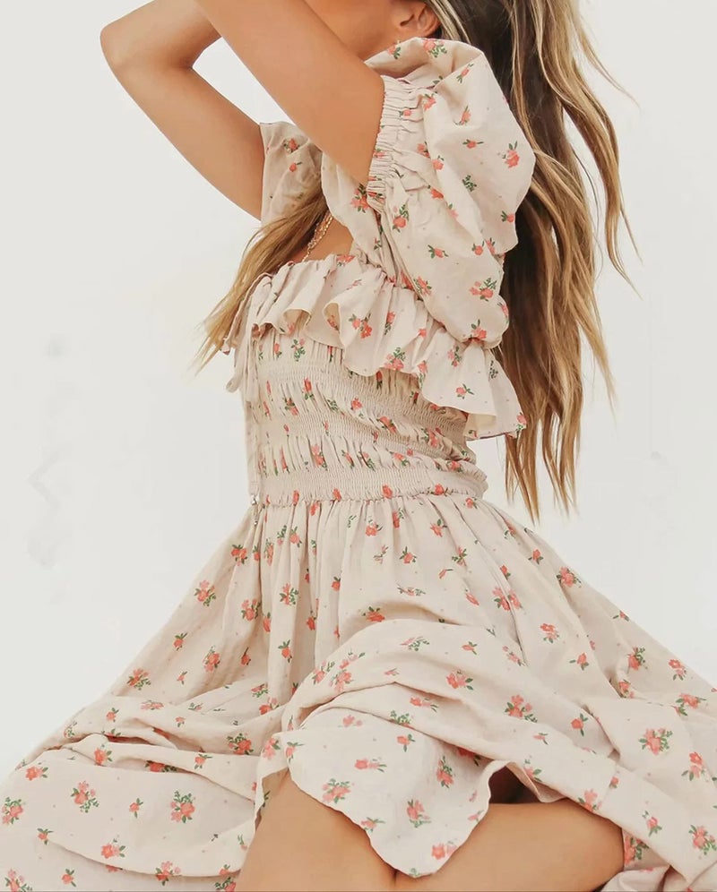R.Vivimos Womens Summer Floral Print Puff Sleeves Vintage Ruffles Midi Dress (XL, Beige#1) - Image 5