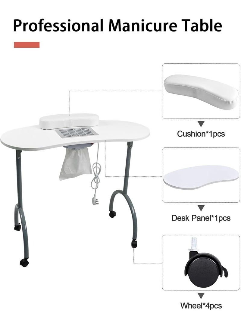 Meishida Portable Manicure Table Foldable Professional Nail Desk with Dust Collector Nail Tech Table for Technician Spa Salon Workstation, Client Wrist Pad Carry Bag 4 Lockable Wheels - White - Image 2