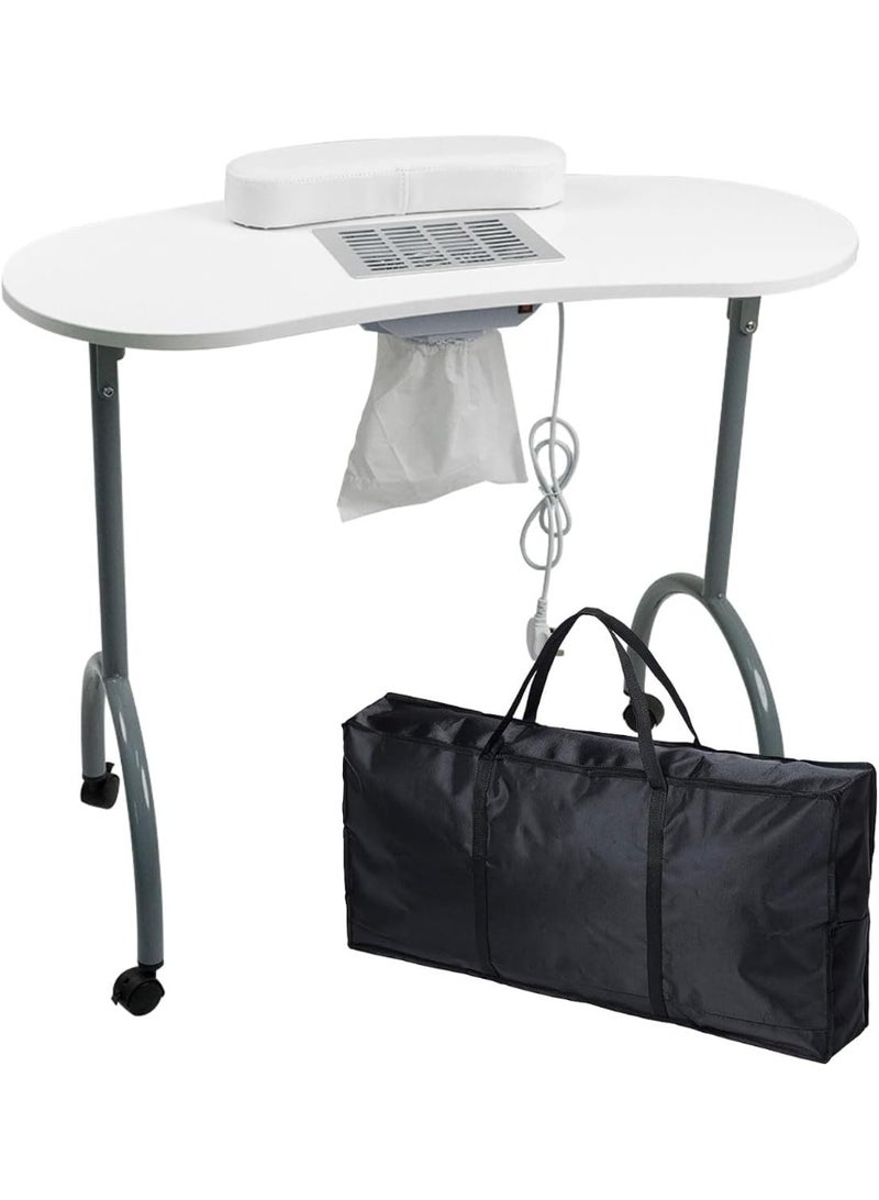 Meishida Portable Manicure Table Foldable Professional Nail Desk with Dust Collector Nail Tech Table for Technician Spa Salon Workstation, Client Wrist Pad Carry Bag 4 Lockable Wheels - White - Image 1
