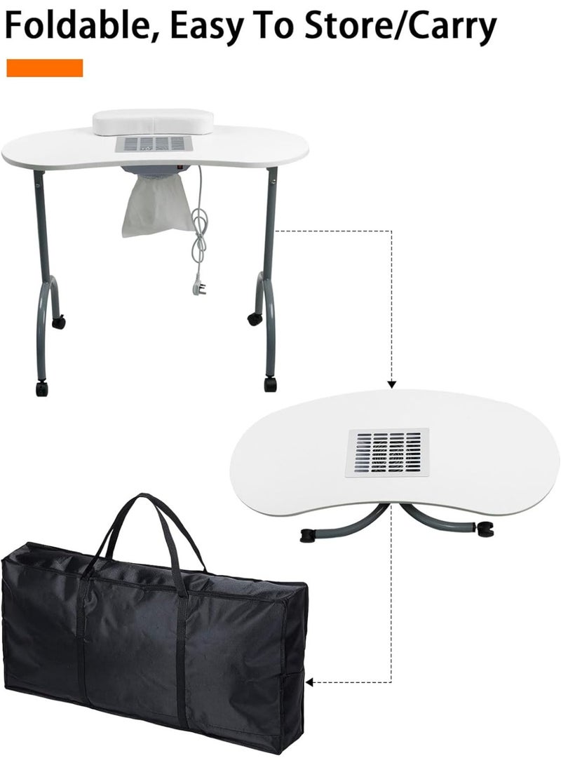 Meishida Portable Manicure Table Foldable Professional Nail Desk with Dust Collector Nail Tech Table for Technician Spa Salon Workstation, Client Wrist Pad Carry Bag 4 Lockable Wheels - White - Image 3