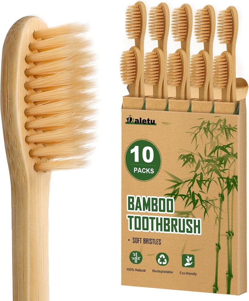 Daletu Bamboo Toothbrushes Soft Bristles 10 Pack, Biodegradable BPA Free Soft Bristles Toothbrushes for Adult, Eco-Friendly, Natural Wooden Organic Toothbrush - Image 1