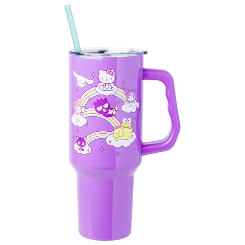 Silver Buffalo Sanrio Hello Kitty and Friends Featuring My Melody Cinnamoroll Kuromi Chococat BadtzMaru Keroppi and Pompompurin Double Walled Stainless Steel Tumbler with Handle 40 Ounces - Image 1
