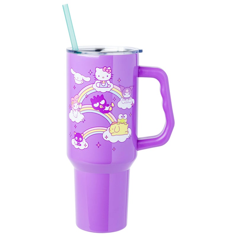 Silver Buffalo Sanrio Hello Kitty and Friends Featuring My Melody Cinnamoroll Kuromi Chococat BadtzMaru Keroppi and Pompompurin Double Walled Stainless Steel Tumbler with Handle 40 Ounces - Image 3