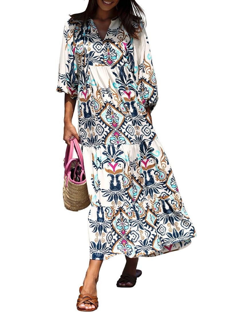 miduo Womens 2026 Maxi Dress Short Sleeve V Neck Summer Casual Beach Bohemian Boho Sundress Long Maxi Dresses S - Image 1
