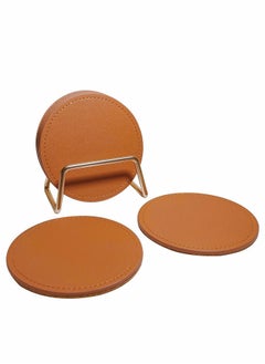 Y&D Coaster Set of 6 with Metal Holder, Leather Coasters for Drinks Cork Base, Round Cup Coffee Table, House Warming Gift New Home Decor, Brown  - Image 1