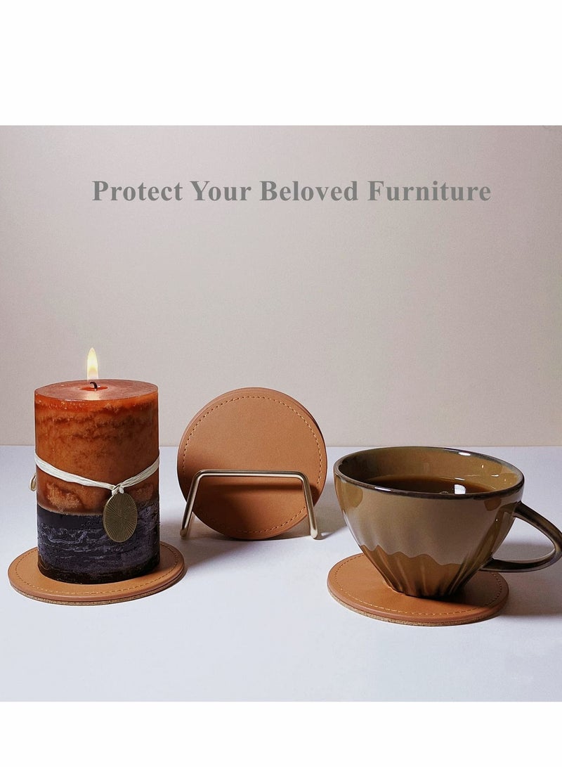 Y&D Coaster Set of 6 with Metal Holder, Leather Coasters for Drinks Cork Base, Round Cup Coffee Table, House Warming Gift New Home Decor, Brown  - Image 2