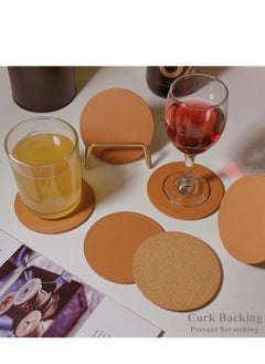 Y&D Coaster Set of 6 with Metal Holder, Leather Coasters for Drinks Cork Base, Round Cup Coffee Table, House Warming Gift New Home Decor, Brown  - Image 4