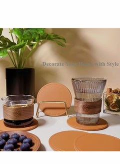 Y&D Coaster Set of 6 with Metal Holder, Leather Coasters for Drinks Cork Base, Round Cup Coffee Table, House Warming Gift New Home Decor, Brown  - Image 3