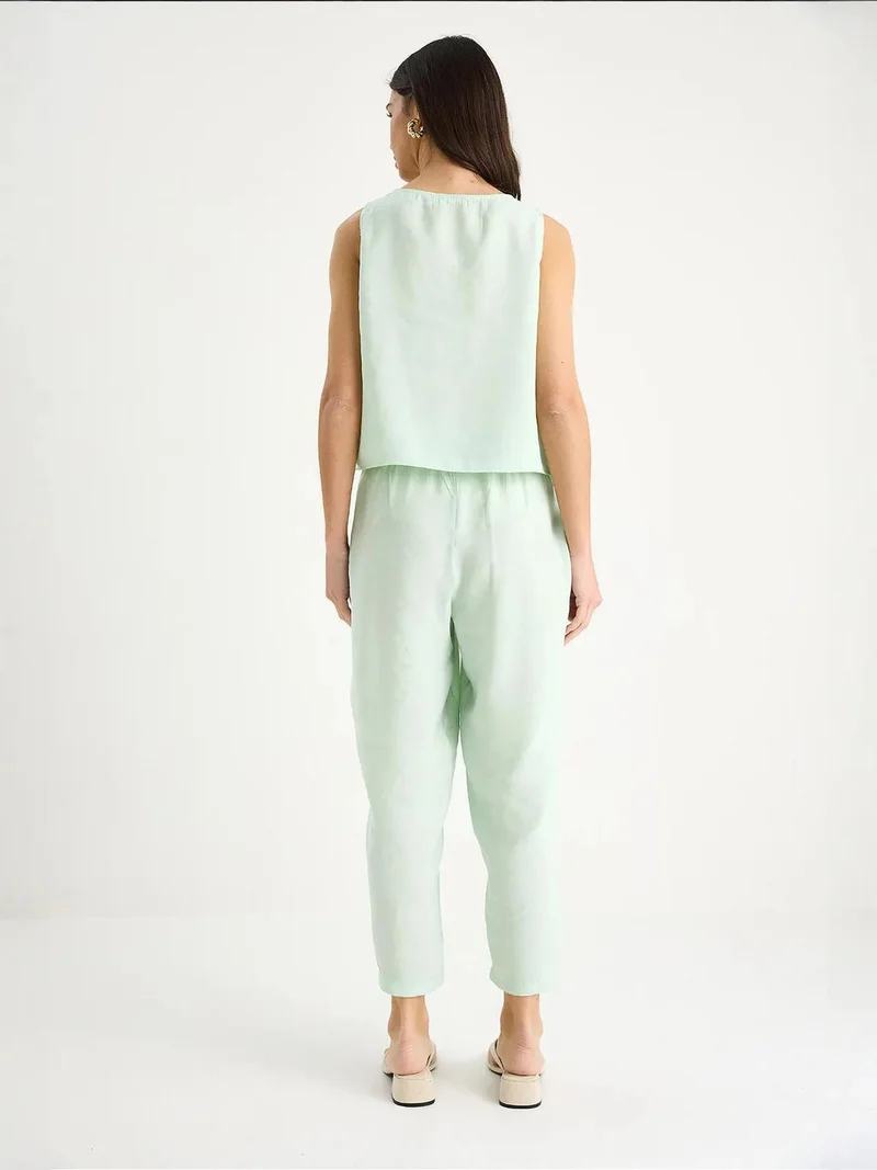 Bianco Lucci Mint Green LUCCI Sleeveless Crew Neck Blouse and Carrof Fıt Pants Set for Women | Best Price UAE