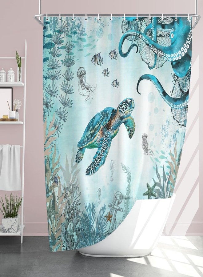 Wathon Sea Turtle Octopus Shower Curtain Blue Teal Ocean Bath Curtain Fish Underwater Animal Seashell Jellyfish Coastal Theme Bathroom Decor Set Hooks Included 72X72IN - Image 2