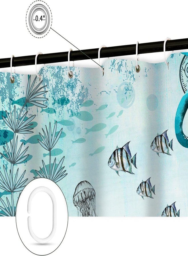 Wathon Sea Turtle Octopus Shower Curtain Blue Teal Ocean Bath Curtain Fish Underwater Animal Seashell Jellyfish Coastal Theme Bathroom Decor Set Hooks Included 72X72IN - Image 5