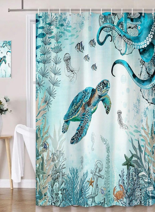 Wathon Sea Turtle Octopus Shower Curtain Blue Teal Ocean Bath Curtain Fish Underwater Animal Seashell Jellyfish Coastal Theme Bathroom Decor Set Hooks Included 72X72IN - Image 1