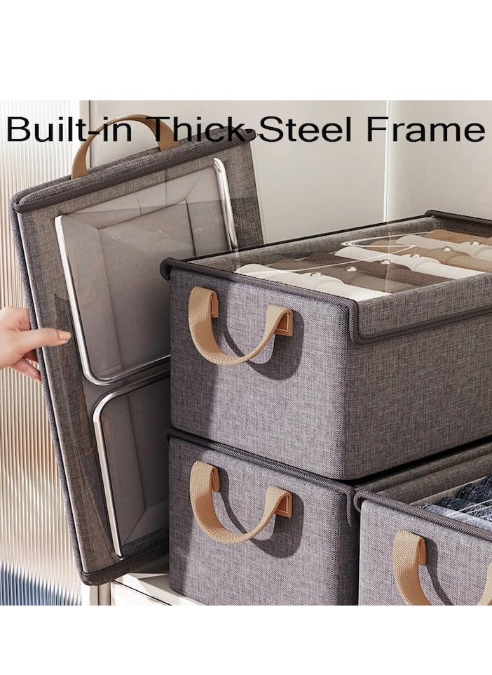 XiuWoo - Closet Clothes Organizer Bins 4 Pc, Fabric Storage Box with Steel Frame, Foldable Closet Shelf Storage Container with Lid, Large Fabric Storage Bin with Lable Pocket, Gray - Image 1