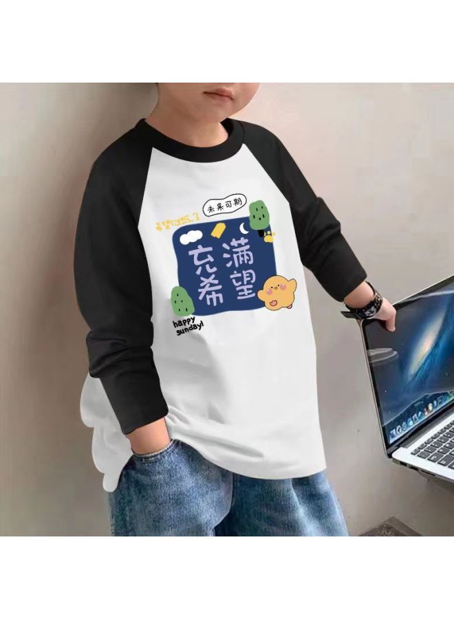 Boys' Long-sleeve T-shirt Spring And Autumn Baby Pure Cotton T-shirt For Older Children Popular Color-blocking Base Shirt Trendy