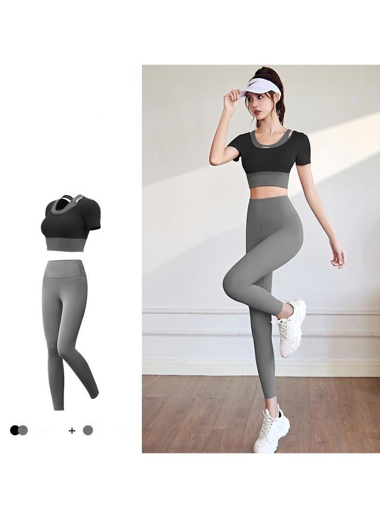 Generic Women's High-Waisted Yoga Pants With Short Sleeves, Breathable Belly Control Yoga Leggings With Short Sleeve Set Exercise, Gym, Sports, Outdoors  - Image 1