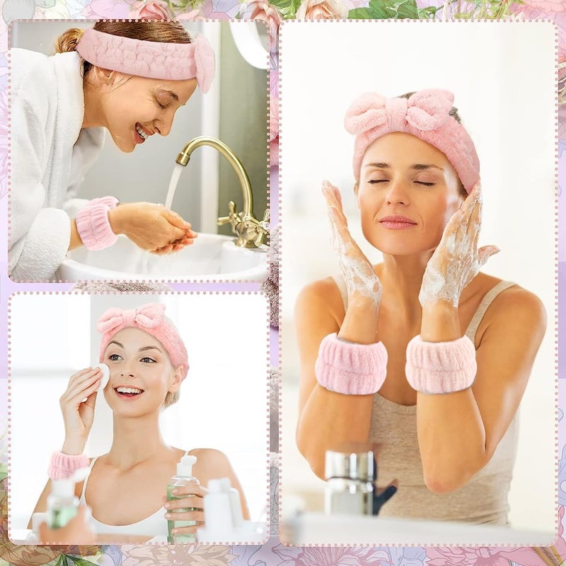 M'AYCREATE MAYCREATE® Face Wash Headband & Wristband Set, Soft Stretchy Bowknot Headband for Women Girls, Flannel Super Absorbent Sweat Wrist Towel Band for Washing Face, Makeup, Yoga, Fitness (Pink) - Image 5