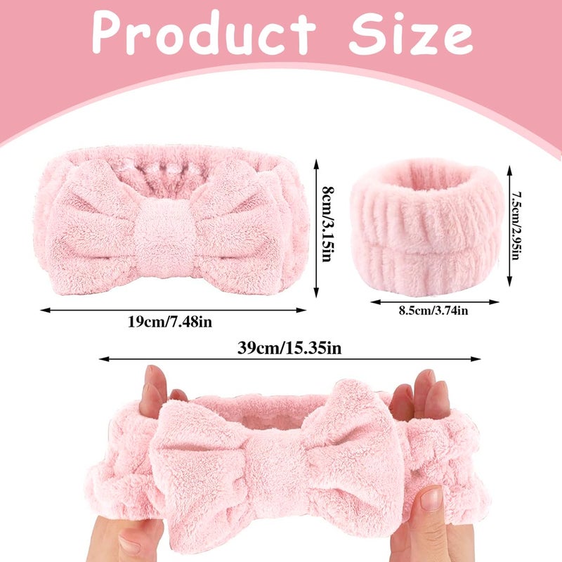 M'AYCREATE MAYCREATE® Face Wash Headband & Wristband Set, Soft Stretchy Bowknot Headband for Women Girls, Flannel Super Absorbent Sweat Wrist Towel Band for Washing Face, Makeup, Yoga, Fitness (Pink) - Image 2