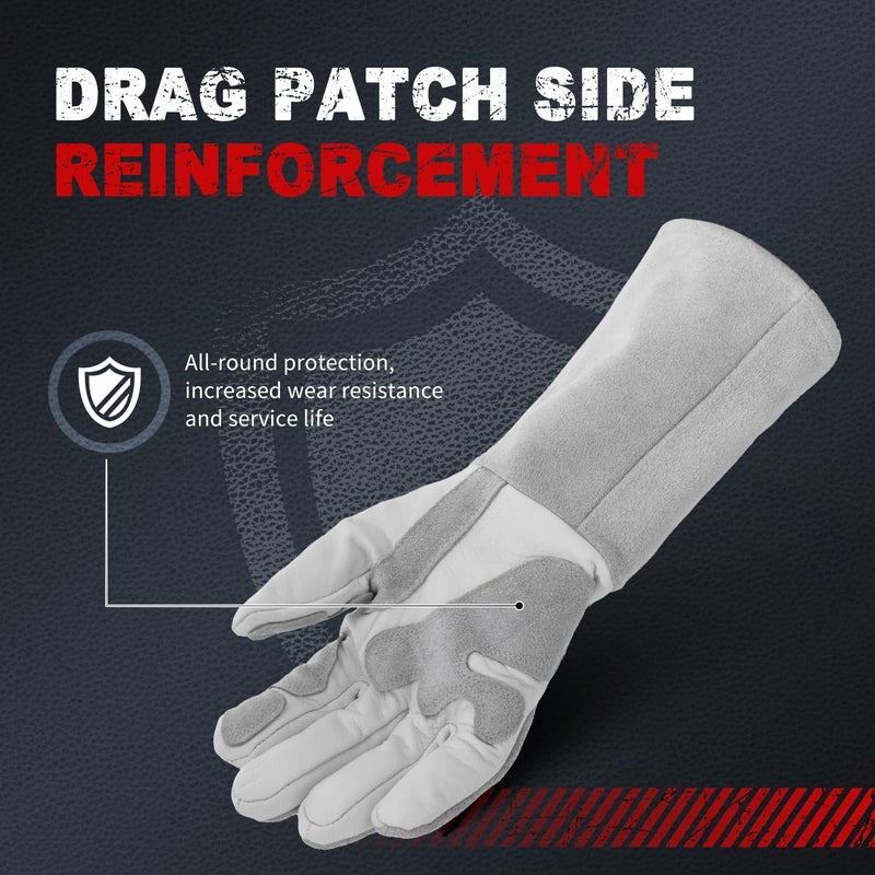 TOPDC Premium Goatskin Leather Welding Gloves, Split Cowhide Back, TIG Welding Gloves with Reinforced Palm Thumb Index Finger (Grey-White, 14 Inch Large) - Image 5