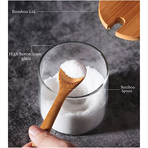 FANTESTICRYAN 3 PCS Stylish Simple Condiment Canisters Pots Set, Decorative Storage Seasoning Glass Container Box with Bamboo Spoon Lid and Base for Home Kitchen café Storing Salt Sugar Pepper Spice - Image 4