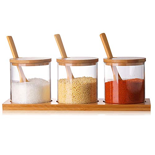 FANTESTICRYAN 3 PCS Stylish Simple Condiment Canisters Pots Set, Decorative Storage Seasoning Glass Container Box with Bamboo Spoon Lid and Base for Home Kitchen café Storing Salt Sugar Pepper Spice - Image 1