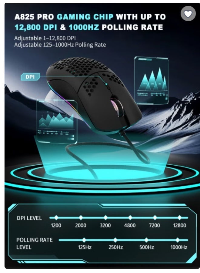 إتش إكس إس جيه ماوس ألعاب GE5 بتصميم خلية النحل، دقة قابلة للتعديل من 1 إلى 12800 DPI، مزود بـ 6 أزرار قابلة للبرمجة مع دعم ماكرو وبرنامج مخصص، إضاءة RGB بـ 16.8 مليون لون، تصميم مريح سلكي عبر USB بمعدل استجابة 1000 هرتز، متوافق مع الكمبيوتر وPS4 وPS5 وXbox، مثالي للاعبي فورتنايت - Image 3