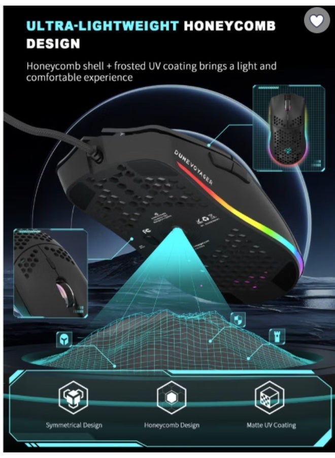 إتش إكس إس جيه ماوس ألعاب GE5 بتصميم خلية النحل، دقة قابلة للتعديل من 1 إلى 12800 DPI، مزود بـ 6 أزرار قابلة للبرمجة مع دعم ماكرو وبرنامج مخصص، إضاءة RGB بـ 16.8 مليون لون، تصميم مريح سلكي عبر USB بمعدل استجابة 1000 هرتز، متوافق مع الكمبيوتر وPS4 وPS5 وXbox، مثالي للاعبي فورتنايت - Image 5