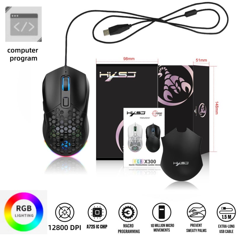 إتش إكس إس جيه ماوس ألعاب GE5 بتصميم خلية النحل، دقة قابلة للتعديل من 1 إلى 12800 DPI، مزود بـ 6 أزرار قابلة للبرمجة مع دعم ماكرو وبرنامج مخصص، إضاءة RGB بـ 16.8 مليون لون، تصميم مريح سلكي عبر USB بمعدل استجابة 1000 هرتز، متوافق مع الكمبيوتر وPS4 وPS5 وXbox، مثالي للاعبي فورتنايت - Image 1