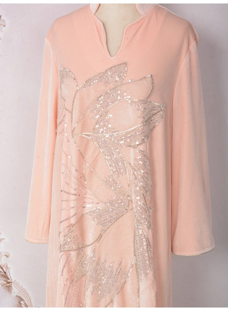 Kaiyuede Dubai Light Pink Velvet Abaya with Silver Lotus Sequin Embroidery | Mandarin Collar Opaque Lined Modest Dress for Eid & Wedding - Image 2
