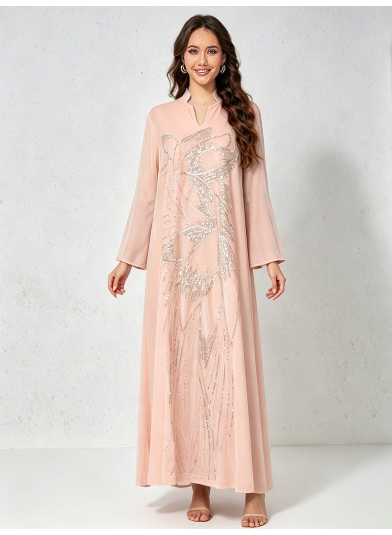 Kaiyuede Dubai Light Pink Velvet Abaya with Silver Lotus Sequin Embroidery | Mandarin Collar Opaque Lined Modest Dress for Eid & Wedding - Image 1