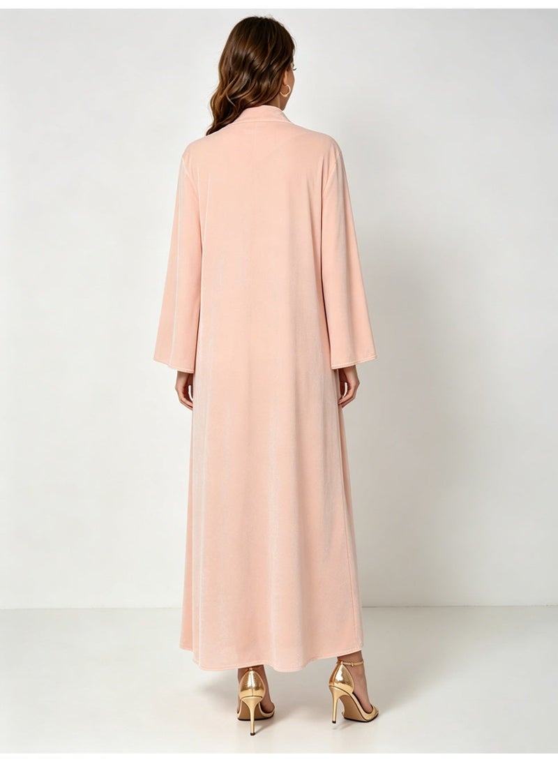 Kaiyuede Dubai Light Pink Velvet Abaya with Silver Lotus Sequin Embroidery | Mandarin Collar Opaque Lined Modest Dress for Eid & Wedding - Image 3