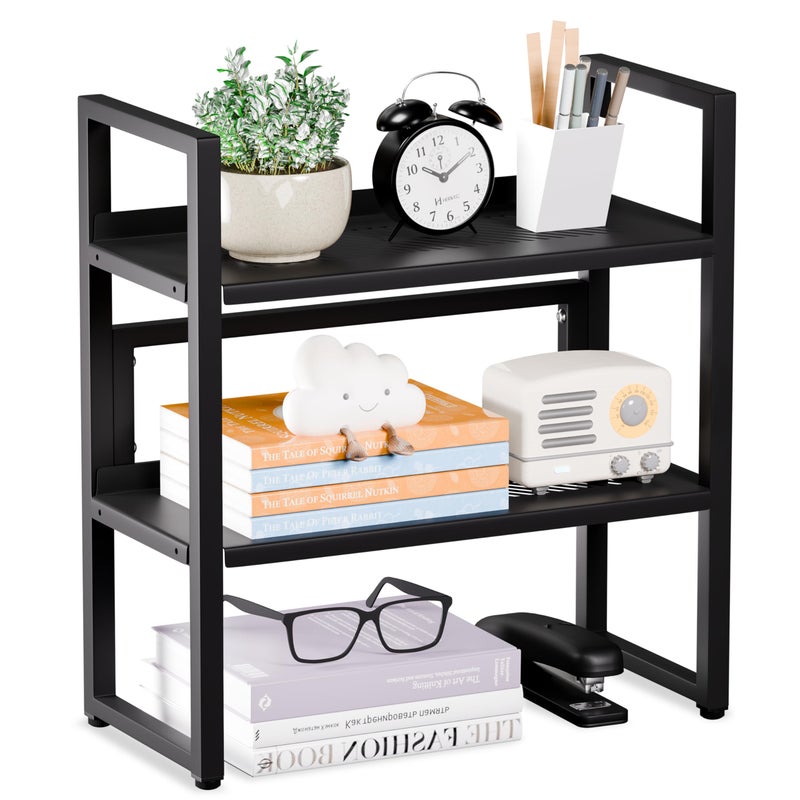 Brakki Desk Shelf Organizer, Adjustable 2 Tier Metal Desktop Shelves, Desktop Bookshelf Organization with Foot Mat, Multi-Functional Small Storage Rack for Office Dorm Home, Black - Image 1