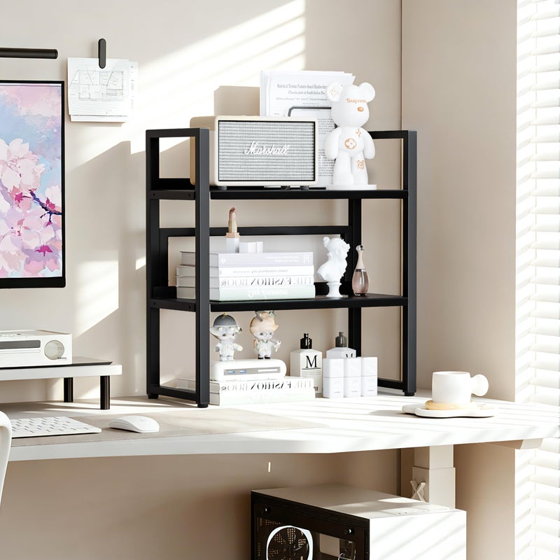 Brakki Desk Shelf Organizer, Adjustable 2 Tier Metal Desktop Shelves, Desktop Bookshelf Organization with Foot Mat, Multi-Functional Small Storage Rack for Office Dorm Home, Black - Image 2