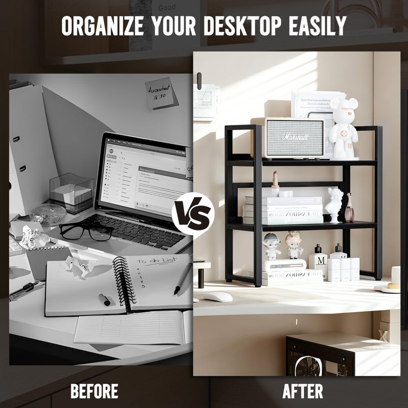 Brakki Desk Shelf Organizer, Adjustable 2 Tier Metal Desktop Shelves, Desktop Bookshelf Organization with Foot Mat, Multi-Functional Small Storage Rack for Office Dorm Home, Black - Image 5