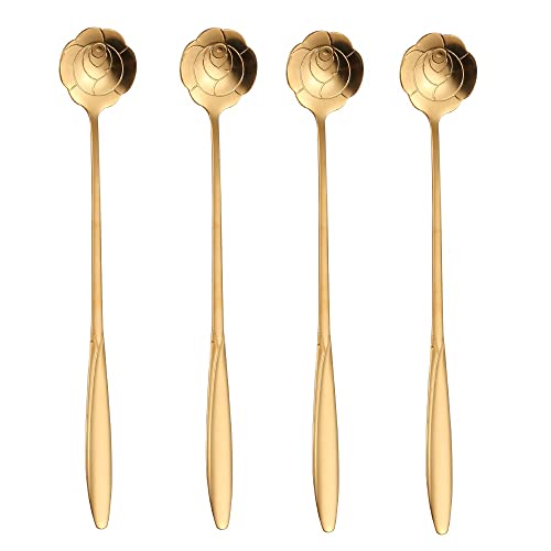 SZLFSX 16 Pcs Gold Rose Shaped Teaspoons 7 Inch Stainless Steel - Image 1