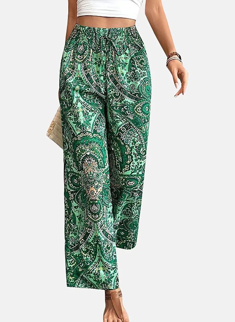 YUNIQEE Green Printed Wide Leg Palazzos
