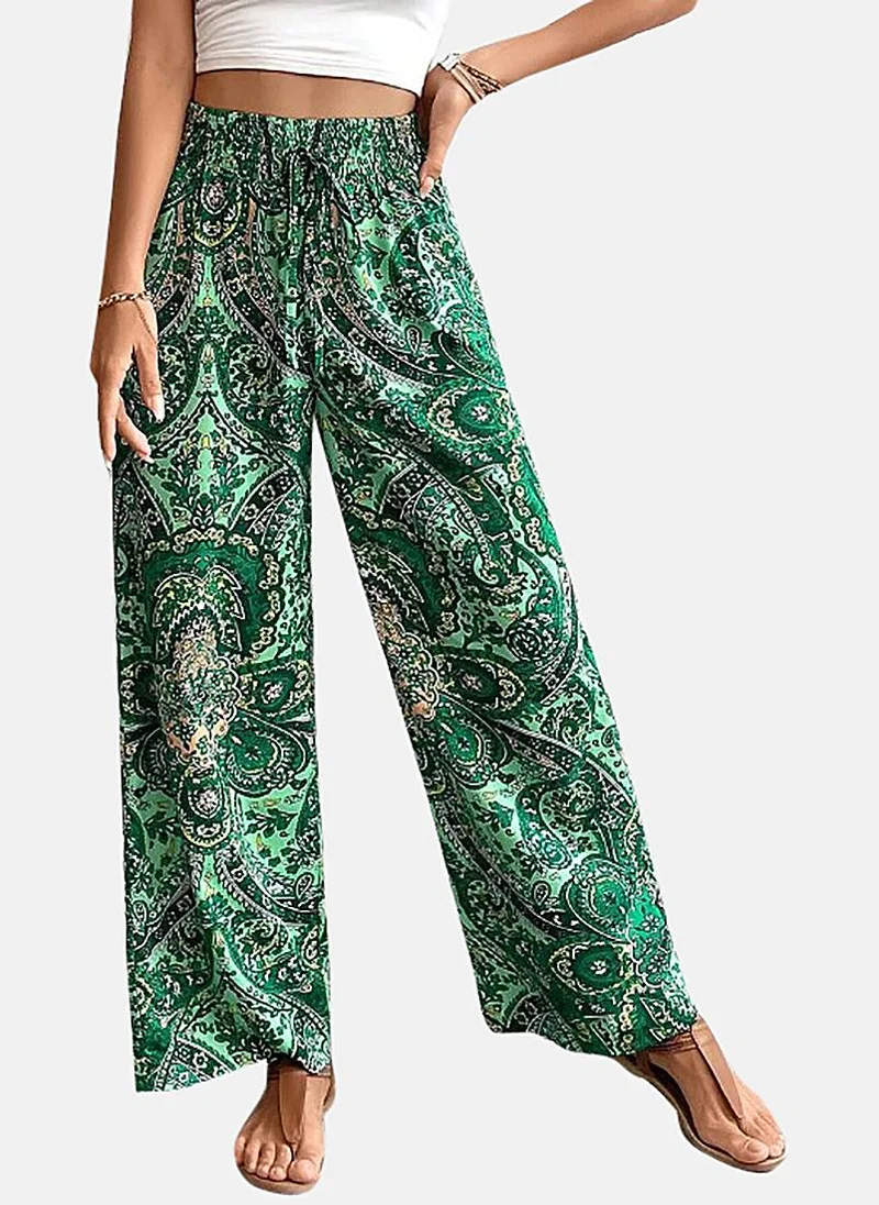 YUNIQEE Green Printed Wide Leg Palazzos