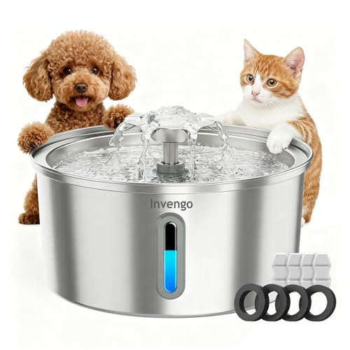 Invengo Cat Water Fountain Stainless Steel 3.2L/108oz, Invengo Automatic Pet Fountain for Cats & Dogs, Ultra Quiet <25 dB Pump, Includes 4 Replacement Filters & Sponges, LED Water Level Window, Easy to Clean - Image 1