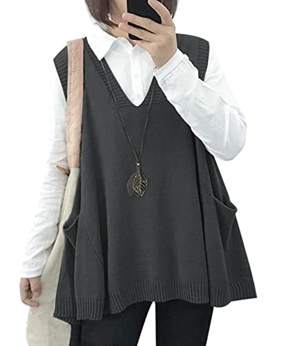YESNO Sweater Vest Women Loose Swing Cotton Cute Oversized Knit Pullover Sleeveless Sweater Tops with Drop Pockets M WM9 Gray - Image 5