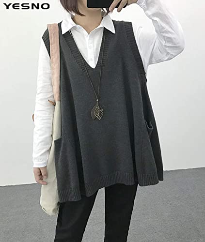 YESNO Sweater Vest Women Loose Swing Cotton Cute Oversized Knit Pullover Sleeveless Sweater Tops with Drop Pockets M WM9 Gray - Image 3