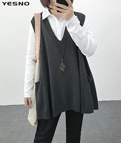 YESNO Sweater Vest Women Loose Swing Cotton Cute Oversized Knit Pullover Sleeveless Sweater Tops with Drop Pockets M WM9 Gray - Image 2