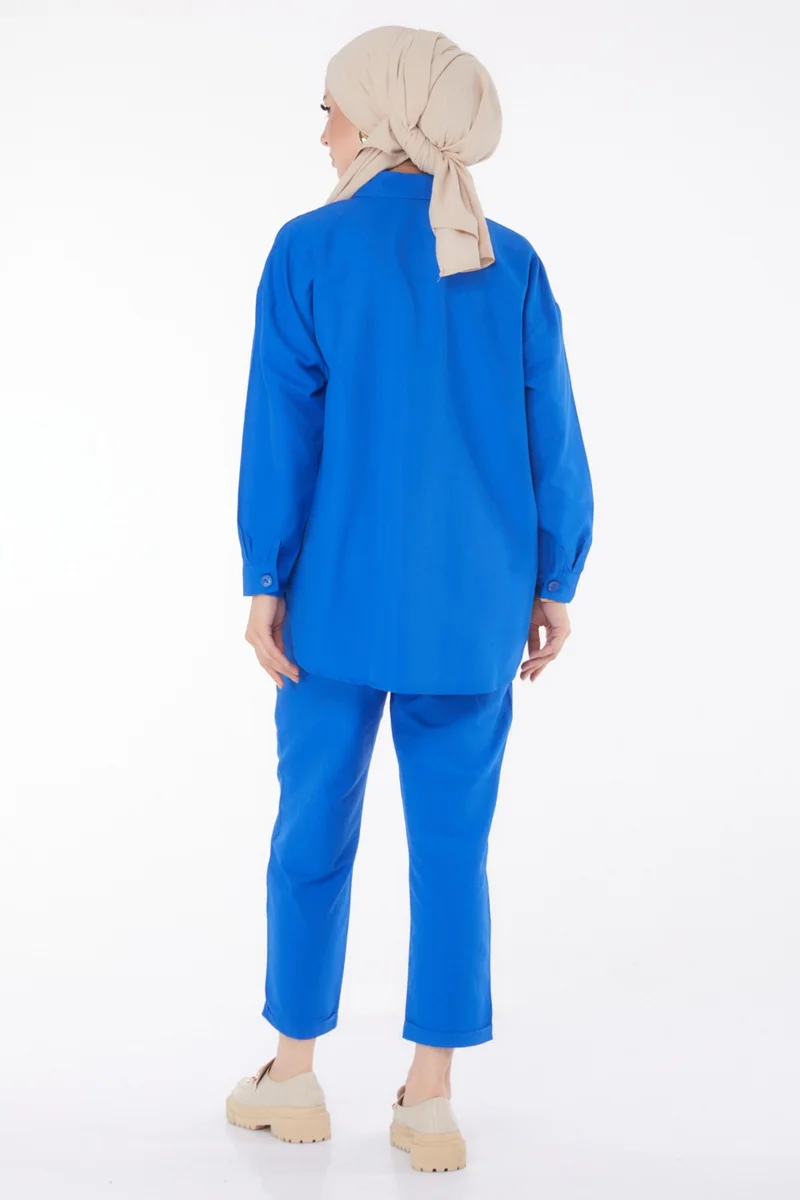 Tofisa Plain Shirt Collar Women's Blue Tunic Trousers - 10563