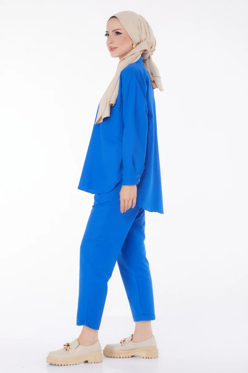 Tofisa Plain Shirt Collar Women's Blue Tunic Trousers - 10563