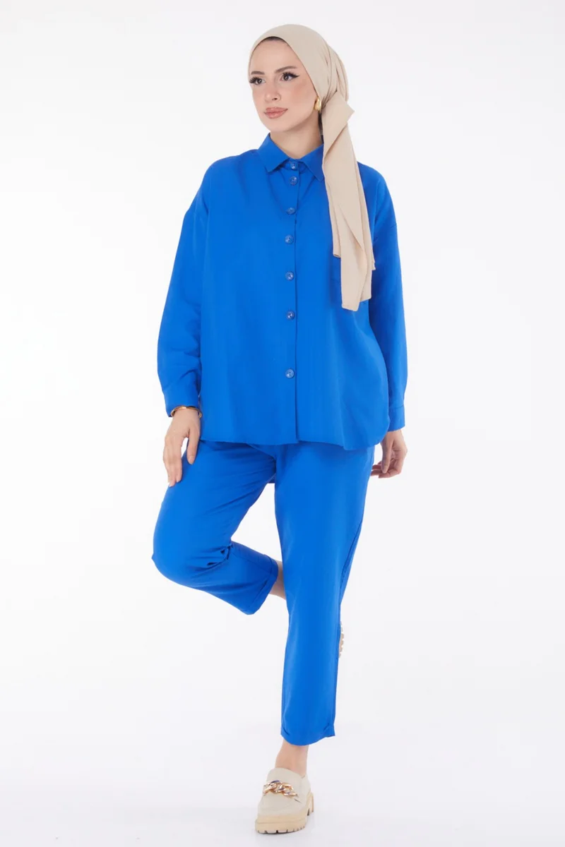 Tofisa Plain Shirt Collar Women's Blue Tunic Trousers - 10563