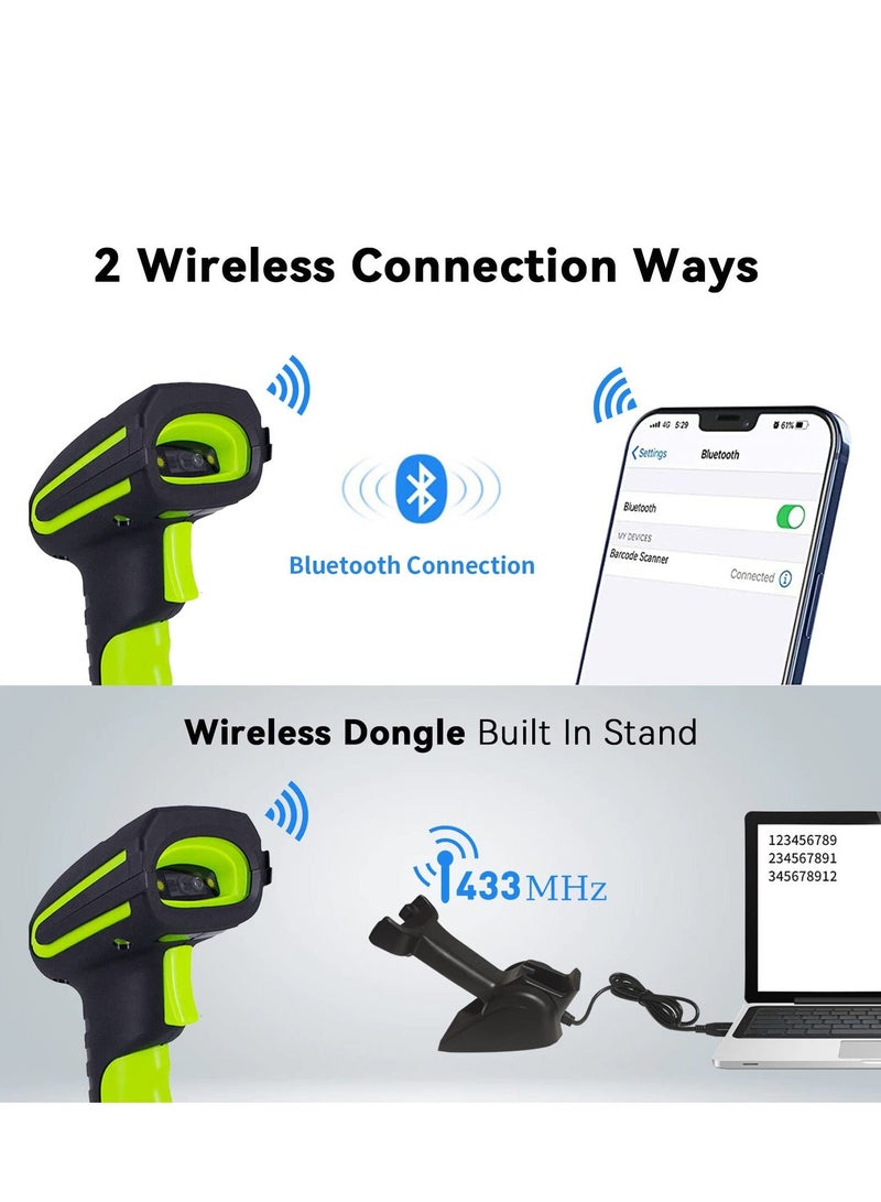 Handheld Upgraded 1D 2D QR Code Code Industrial Barcode Scanner with Wireless Charging Stand 1968 Feet Transmission Distance 433Mhz Wireless and Bluetooth 2in1 Shock Dust Proof Hands Free Green - Image 4