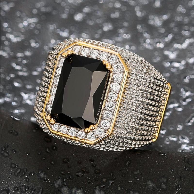 European and American hip hop style inlaid zircon domineering Square luxury men's ring Sapphire cross-border hot sale plated color separation plating in stock - Image 2