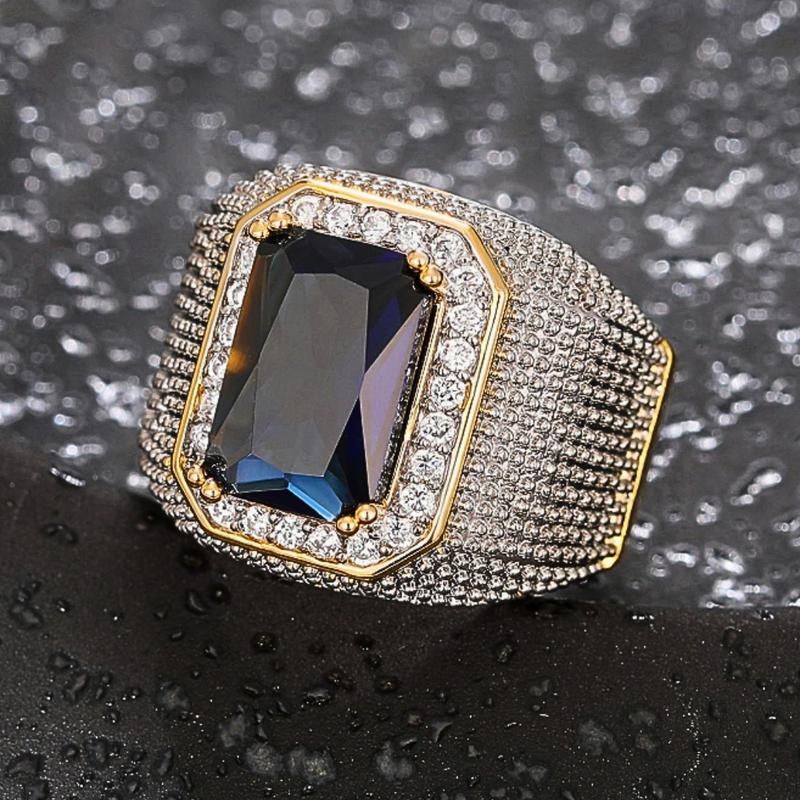 European and American hip hop style inlaid zircon domineering Square luxury men's ring Sapphire cross-border hot sale plated color separation plating in stock - Image 3