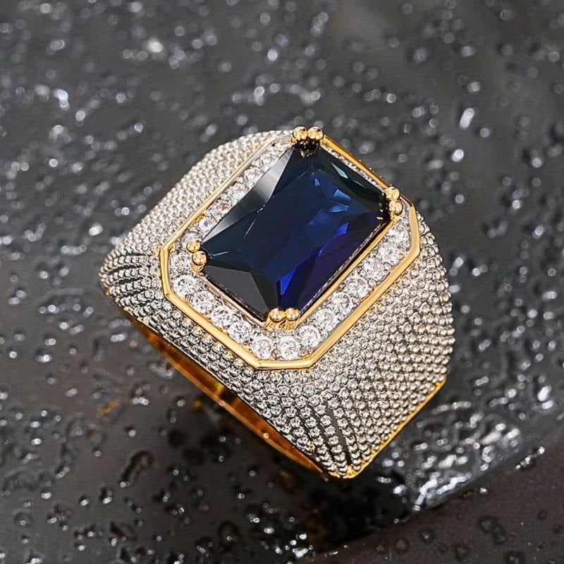 European and American hip hop style inlaid zircon domineering Square luxury men's ring Sapphire cross-border hot sale plated color separation plating in stock - Image 4