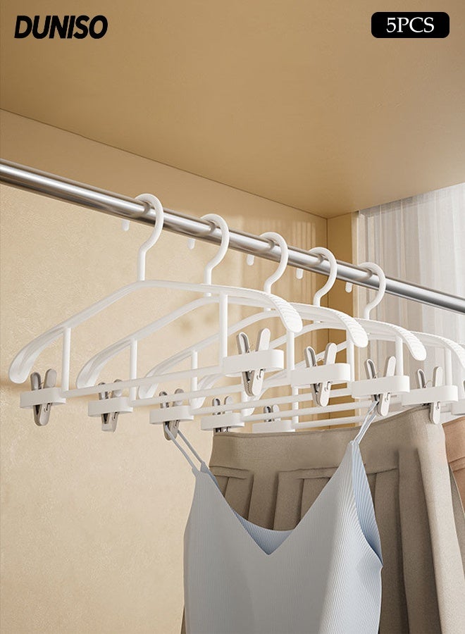 DUNISO 5Pcs Clothes Hangers with Clips Non-slip Thickening 2-in-1 Clothes Hanger and Pants Clip Anti Slip Pattern Space-Saving Hangers Set Non Marking Heavy Duty Skirt Hangers for Shirts, Pants, Dresses, Skirts, Coats - Image 1